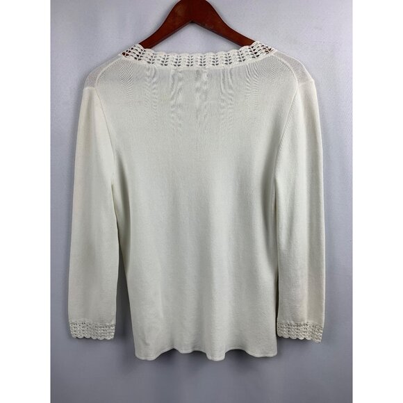 Cable & Gauge White Crochet Trim V-Neck Sweater Medium - Picture 6 of 6